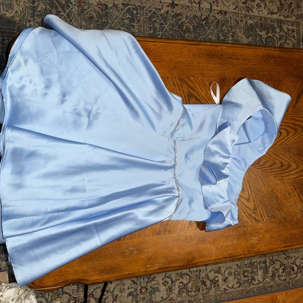 Light Blue One-Shoulder Ruffle Satin Party Dress - Picture 9 of 13